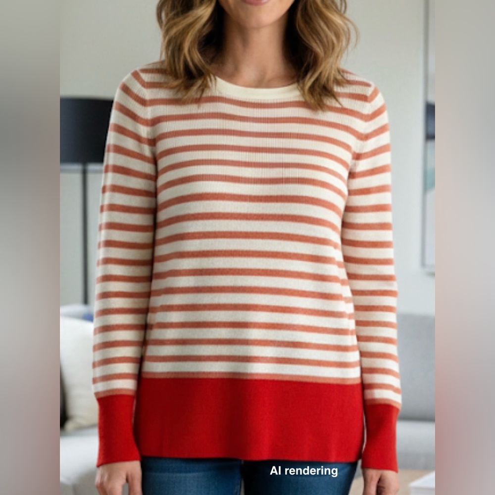 LOFT Ann Taylor Orange Coral White Striped Crew Neck Sweater | Small